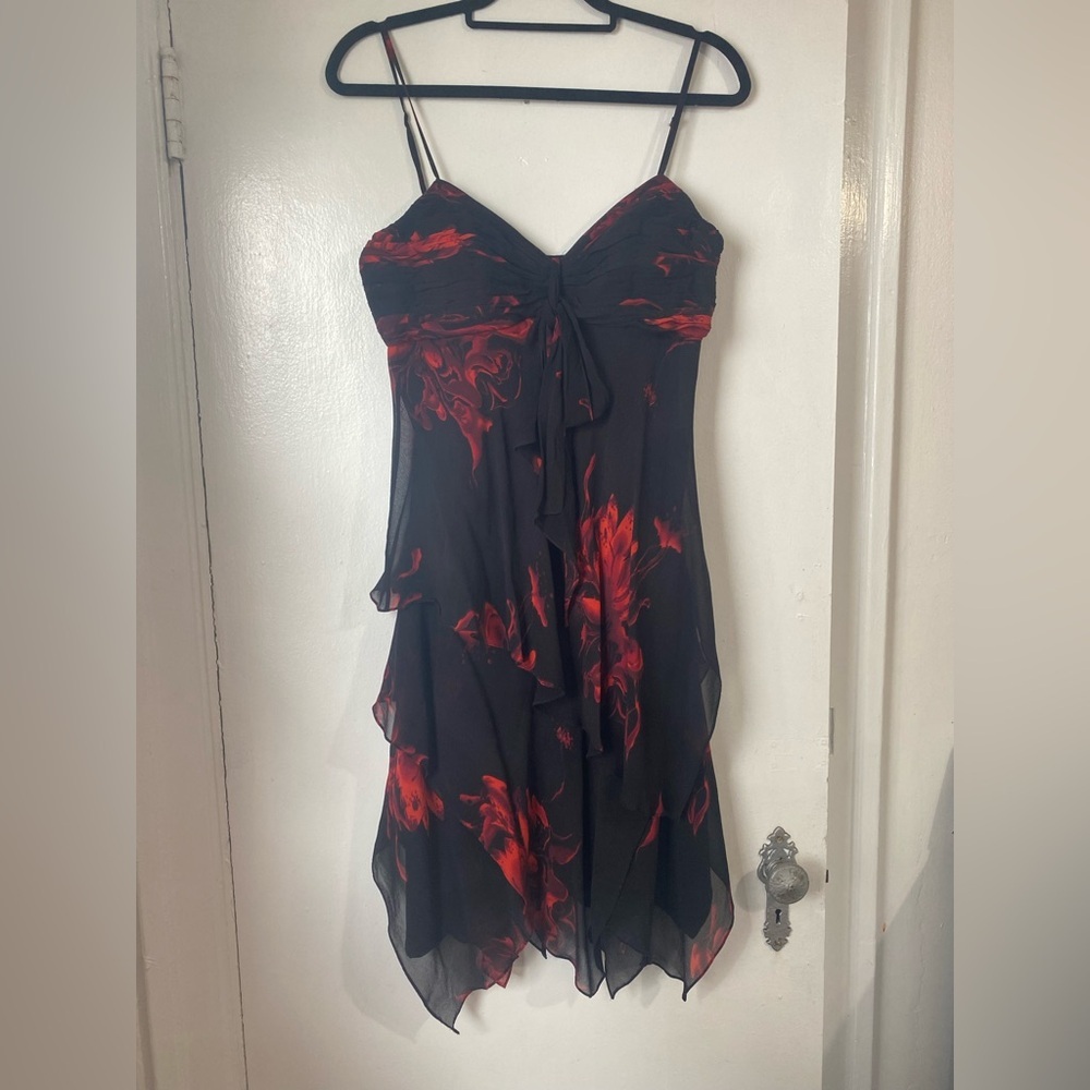Sue Wong Dress Black Red Rose Silk Chiffon Sleeveless Bow Handkerchief Hem 12
